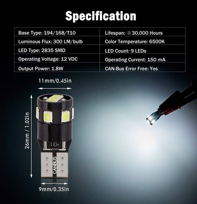 BRISHINE 300LM Extremely Bright Canbus Error Free 194 168 2825 W5W T10 LED Bulbs 6000K Xenon White 9-SMD 2835 LED Chipsets for Dome Map Door Courtesy License Plate Lights (Pack of 4) - Image 2